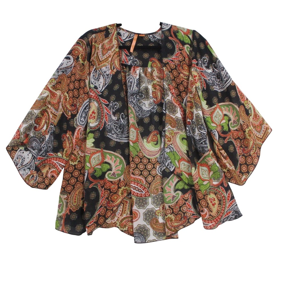 Boho Multi Color Paisley Medallion Open Front Kimono Cardigan 3/4 Sleeve OS